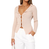 Kukombo Autumn Women Cardigans Knitwears V-neck Solid Color Knitted Tops Long Sleeve Casual Fall Long Sleeve