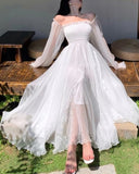 Kukombo  Elegant Maxi Dresses For Women White Off Shoulder Puff Long Sleeve Elastic High Waist Party Gown Ruffle Holiday Dress