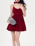 Kukombo Christmas Sexy Velvet Strap Dress Women Bow Red Vintage Sweet Party Dress Female Sleeveless Korean Fairy Mini Dress Winter
