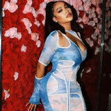 Cyber Monday Sales Sexy Tie Dye Irregular Cut Out Long Sleeve Bodycon Dresses For Women Hollow Out Club Outfits Party Clubwear Mini Dresses