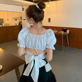 Kukombo Back Puff Sleeve Shirts Women Autumn French Bow Bandage Blouses 2022 New Black Pink Square Neck Cropped Tops Female