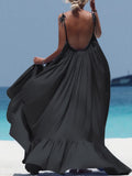 Kukombo Summer New Women's Dress Fashion Suspender Beach Skirt Loose Solid Color Lace Open Back Large Swing Women's Long Dress