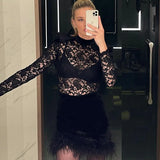 Kukombo Lace See Through Dress with Feathers, Black Lace Bodycon, Slim Sheath, Long Sleeve, Mini Dresses, Night Club Party Outfit,