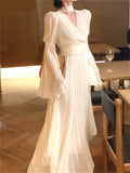 Kukombo  V Neck Flare Sleeve White Dress Fashion French Style Long Sleeve Dress for Women Elegant Chic Midi Vintage Dress