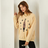 Kukombo Yellow Dark Grey Long Sleeve Korean Fashion Abstract Clock Graphic Sweatshirt Vintage Fleece Warm Crewneck Sweatshirt Women 2023