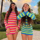 Cyber Monday Sales Spring Holiday Long Sleeve Stripe Printed Candy Color Sexy Mini Casual Dress Bodycon Beach Backless Dresses For Women Party 2022