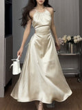 Kukombo New Satin Vintage Summer Party Dress Women Casual A-Line Solid Elegant Prom Vestidos Female Fashion Slim Halter Robe Clothes