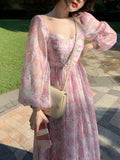 Kukombo French Vintage Long Sleeve Dress Woman Fairy Elegnat Floral Midi Dress Evening Party One Piece Korean Summer Chiffon Beach