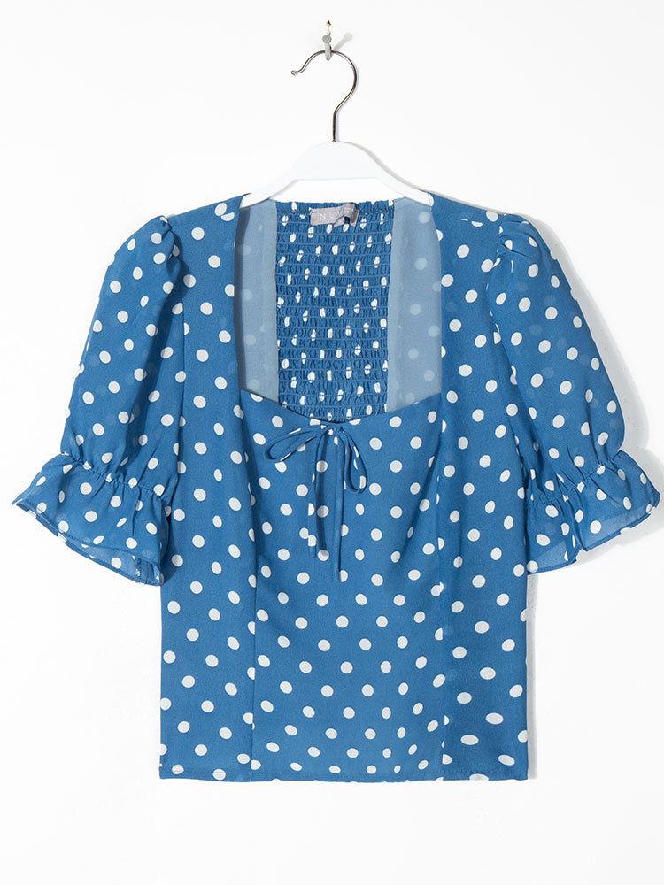 Kukombo Summer Women Blue Polka Dot Print Shirt Retro Elastic Ruched Back Square Collar Short Sleeve Short Blouse Tank Tops