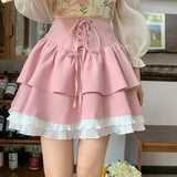Kukombo Autumn Pink Kawaii Mini Skrts Women Lace Patchwork Korean Fashion Party Skirt Female Casual Chic Designer Bandage Skirts