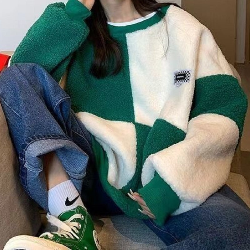 Thanksgiving Gift Korean Fashion Green Plaid Hoodie Women Harajuku Oversize Sweatshirts Autumn Winter Casual Long Sleeve Tracksuit Female