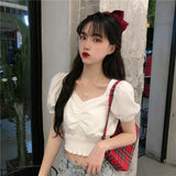 Kukombo Blouses Shirts Women Summer Puff-Sleeve Square Collar Solid Pleated Sweet Girls Crop-Top Korean Style Elegant Fashion Vintage