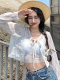 Kukombo White Lace Hollow Cardigan Women Summer New Thin Long Sleeve Jacket Lace-Up Cropped Tops Woman