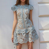 Kukombo Vintage Lace Women's Dress Blue Green High Waist Irregular Mini Dress Vestido Woman Short Sleeve Runway Sexy Party Bodycon