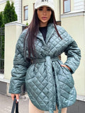 Kukombo 2023 New Winter Wear Women Parker Cotton Coat Medium Long Overcoat Slim Tie Lapel Pattern Elegant Quilted Overcoat