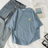 Kukombo T-Shirts Women Short Sleeve Tees O-Neck Embroidery All-Match Basic Fashion Unisex Teenagers Leisure Soft Summer Simple Clothes