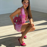 Cyber Monday Sales Summer Party Dress With Thin Straps Elegant Streetwear Tie Dye Printed Hollow Out Backless Sleeveless Bodycon Sexy Halter Dress