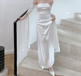 Kukombo White Satin Dress Women 2024 Gloss Strapless Elegant Party Dresses Women Vestido High Waist Runway Clothing Lady