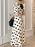 Kukombo Women's Spring Summer Polka Dots Elegant Midi Dress Short Sleeve Casual A-Line Party Black Vestidos Female Fashion Outwear Cloth
