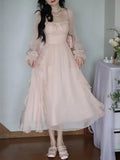 Kukombo Summer Pink Chiffon Vintage Fairy Dress Women Korean Style Elegant Party Midi Dress Female Court Retro Flare Sleeve Dresses