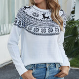 Thanksgiving Gift Autumn Winter Sweater Women's Pullover Sweater Long Sleeve Christmas Snowflake Fawn Round Neck Printed Sweater Knitted Jumper
