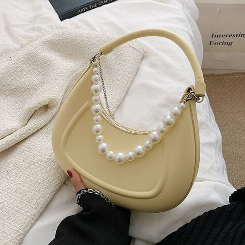 Back To College 2023 Kawaii Tote PU Leather Half Moon Armpit Bag With Pearl Short Handle Women's Designer Handbag Luxury Shoulder Crossbody Bag