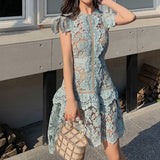 Kukombo Vintage Lace Women's Dress Blue Green High Waist Irregular Mini Dress Vestido Woman Short Sleeve Runway Sexy Party Bodycon