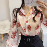 Kukombo Women's Spring Summer New Loose Floral Blouse Women's Sunscreen Turndown Collar Chiffon Clothing Korean Long-Sleeved Shirts