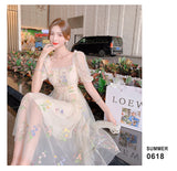 Kukombo Sweet Mesh Lace Fairy Dress Summer Woman Puff Sleeve Embroidery Floral Elegant Romantic Princess Dresses For Party Night Vestido