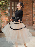 Kukombo Fashion 2 Piece Set Autumn For Women Suits Elegant Black French Retro Coat+Polka Dot Puff Skirt Outfits Femme Fall With Belt