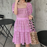 Kukombo Vintage Lace Women's Dress Blue Green High Waist Irregular Mini Dress Vestido Woman Short Sleeve Runway Sexy Party Bodycon