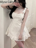 Kukombo 2022 Summer Sexy Straps Dress Women White Casual Sweet Sleeveless Y2k Mini Dress Female Elegant Vintage Korean Beach Party Dress
