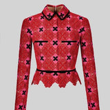 Kukombo Vintage Red Lace 2 Piece Sets Women Turn-Down Neck Tops And High Waist Skirt 2022 Fashion Design Dress Sets Women