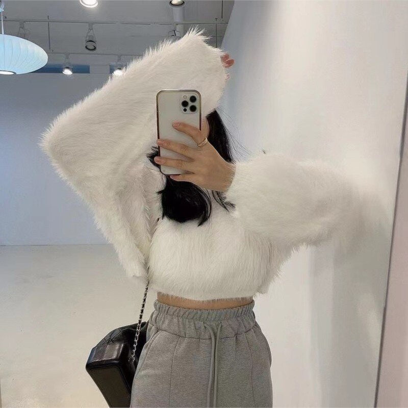 Kukombo New Winter Mohair Sweater Faux Mink Cashmere Short Pullover Sweater  knitted sweater women y2k clothes korean fashion