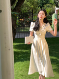 Kukombo French Elegant Short Sleeve Dress Woman Casual Slim One Piece Dress Korean Fashion 2023 Summer Party Casual Vintage Midi Dress