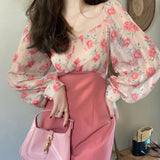 Kukombo Korean Style Elegant Chiffon Floral Print Pencil Dress Vintage Patchwork Design Puff Sleeve Office Lady Slim Midi Dresses