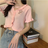 Kukombo Summer Short Sleeve Cardigan Cropped Tops Women New Blue Cartoon Printed High Waist Fitness Knitted Jacket Woman