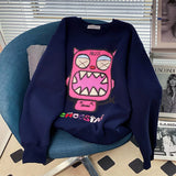 Kukombo Black White Cute Demon Harajuku Sweatshirt Korean Style Streetwear Vintage Oversize Fleece Winter Warm Crewneck Sweatshirt Women