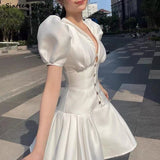 Kukombo Sexy V-Neck Dress Woman Single-Breasted Puff Sleeve White Party Dresses Female Slim High Waist Mini Bodycon Dress Runway Design