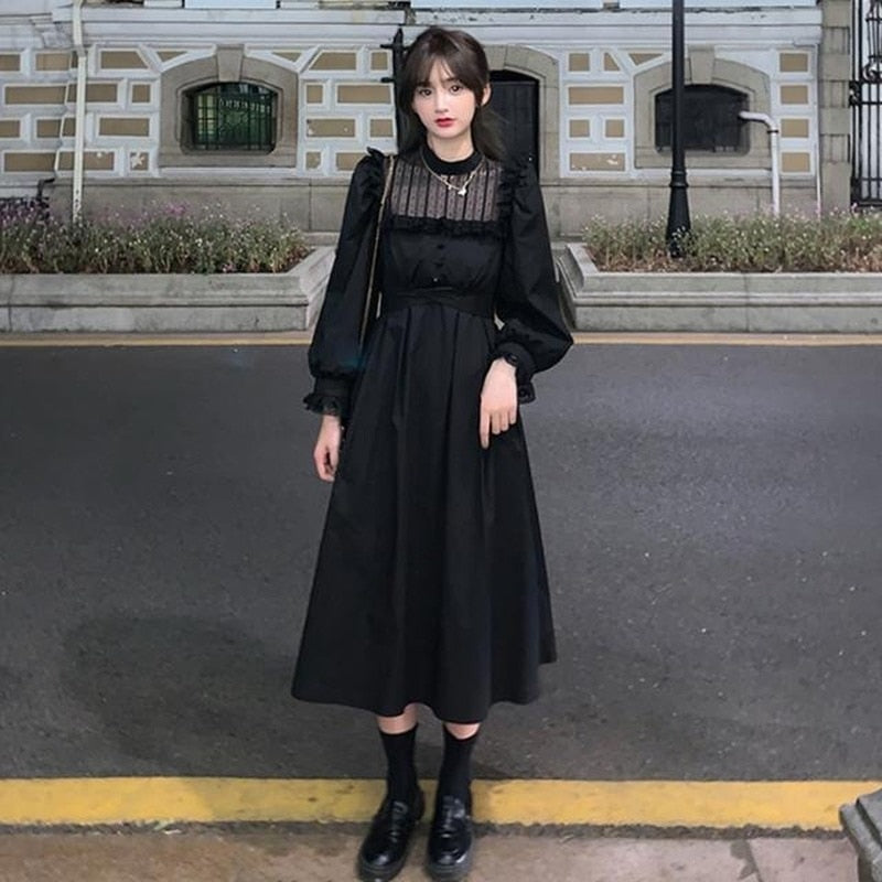 Kukombo Gothic Black Lace Dress Women Casual Elegant Party Midi Ruffle Long Sleeve Dress Emo Y2k Goth Clothes 2022 Spring Robes