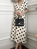 Kukombo Women's Spring Summer Polka Dots Elegant Midi Dress Short Sleeve Casual A-Line Party Black Vestidos Female Fashion Outwear Cloth