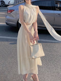 Kukombo 2022 Summer Elegant Vintage Dress Women White Design Party Slim One Piece Dress Koraen Casual Fairy White Beach Sleeveless Dress