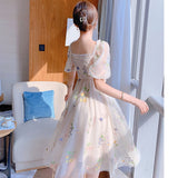 Kukombo Sweet Mesh Lace Fairy Dress Summer Woman Puff Sleeve Embroidery Floral Elegant Romantic Princess Dresses For Party Night Vestido