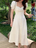 Kukombo Women's Summer Elegant Casual Party Midi Black Dress Puff Sleeve A-Line Vintage Vestidos Female Fashion One Pieces Clothes