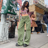 Kukombo Low Rise Y2k Jeans 2000S Streetwear Women Denim Pants Green Khaki Baggy Cargo Pants Vintage Clothes P77-ED68