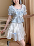 Kukombo  2 Piece Dress Sets Women Casual Plaid Blouse + Mini Skirts Fashion Suits Y2k Crop Tops Kawaii Lolita Clothing 2022 Summer Chic