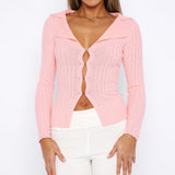 Kukombo Women Hollow Out Sweater Long Sleeve Turn Down Collar Solid Color Ladies Chic Elegant Top Fall Long Sleeve