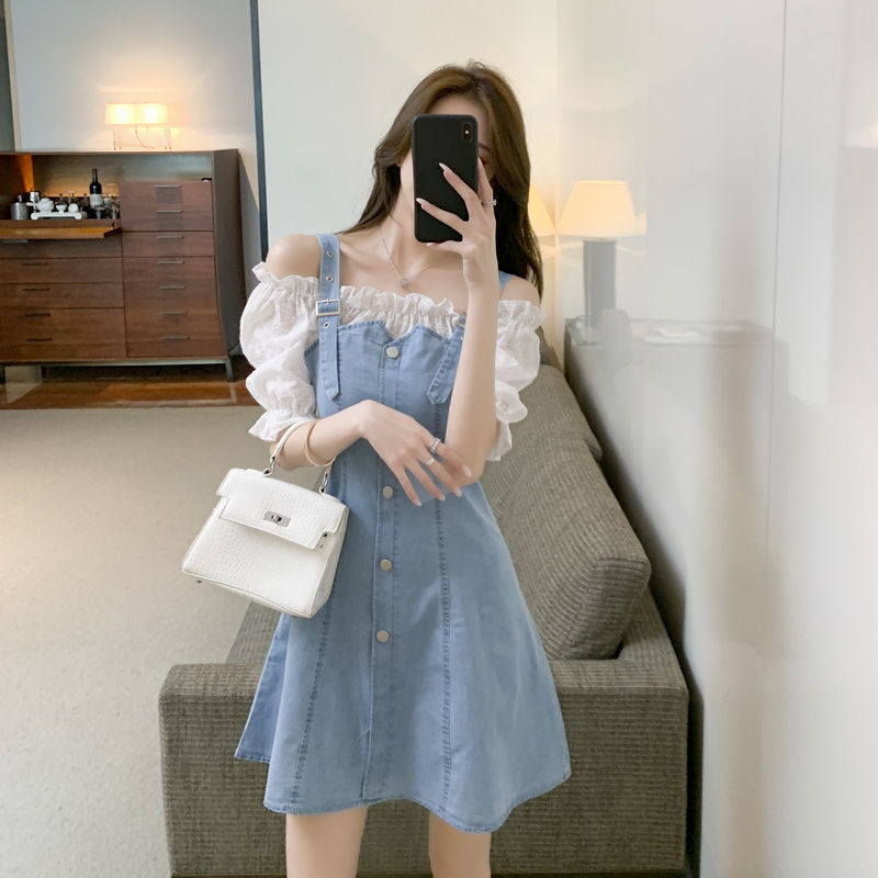 Kukombo Korean Style Denim Two Pieces Dress Women Off Shoulder Single Breasted Button Slim Y2k Mini Dresses Summer Kawaii Clothes