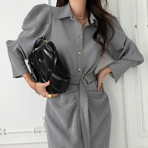 Kukombo Chic Elegant Dress For Woman Puff Sleeve Turn-Down Maxi Vestidos Clothes Spring Single-Breasted Street Chic Dress Woman Autumn