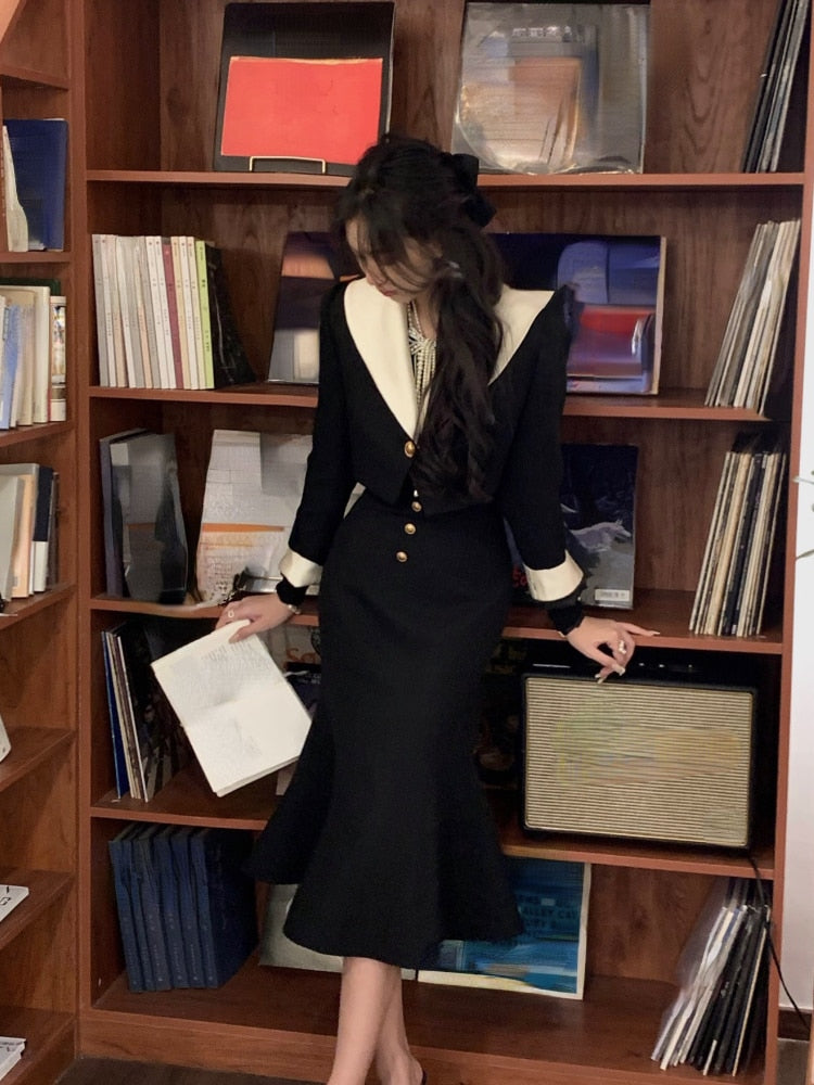 Kukombo Vintage Black 2 Piece Dress Set Office Lady Long Sleeve Short Blazers + Elegant Slim Midi Skirt Woman Korean Suit Autumn